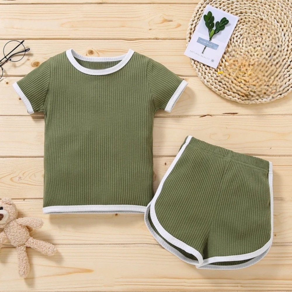 Toddler Ribbed Short Summer Retro Set Green Contrast Ringer Tee Dolphin Shorts
